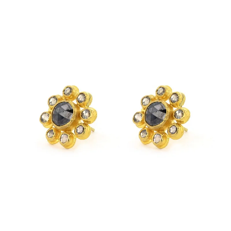 Unique clip-on earrings for non-pierced ears -Black Diamond Flower Earrings