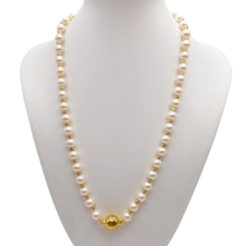 Fashionable layered necklaces with charms -Pearl and Gold Necklace with Ball Clasp