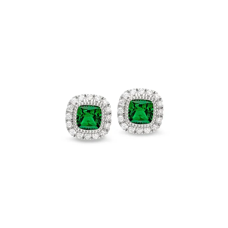 Casual stud earrings for everyday fashion -Platinum Finish Sterling Silver Micropave Simulated Emerald Earrings with Simulated Diamonds