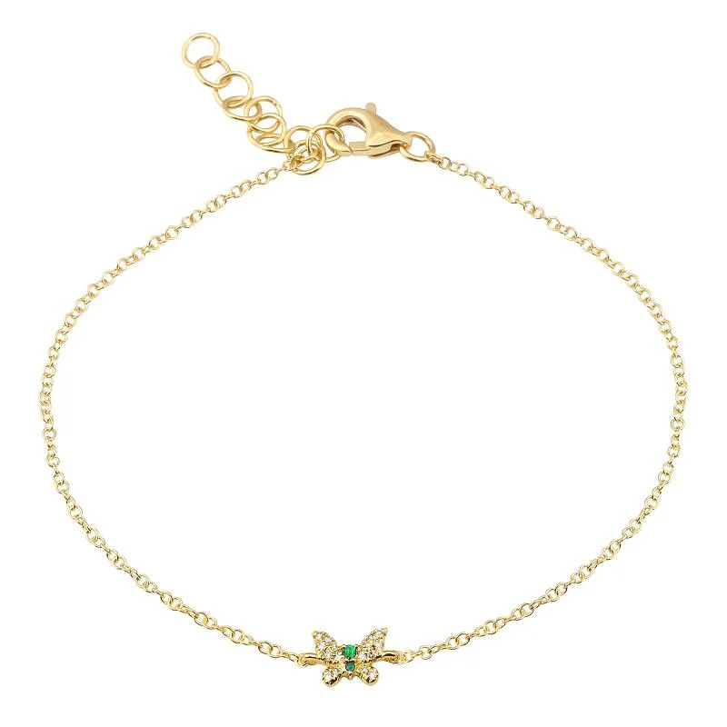 Vintage leather bracelets-14k Yellow Gold Diamond Emerald Butterfly Bracelet