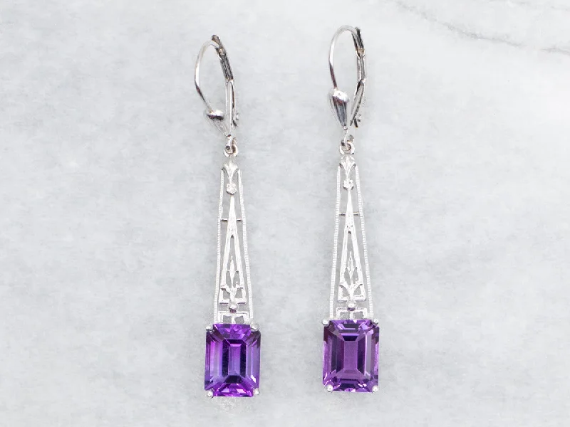 Sparkling crystal earrings for holiday outfits -Gold Filigree Amethyst Dangle Earrings