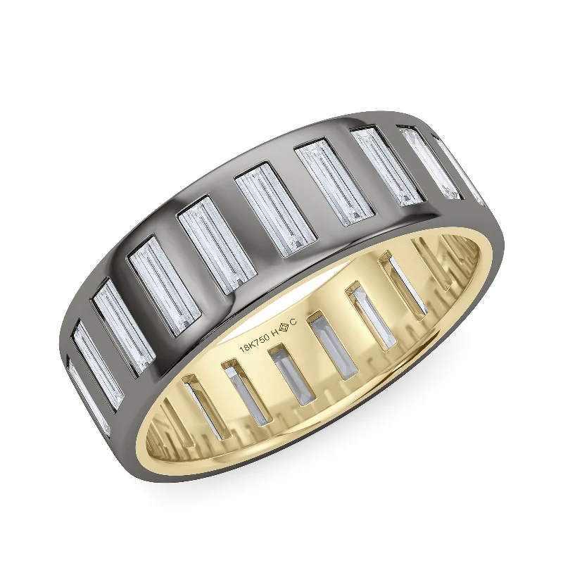 Trendy gemstone rings for colorful looks -Mixed Metal Men's Vertical Baguette Band