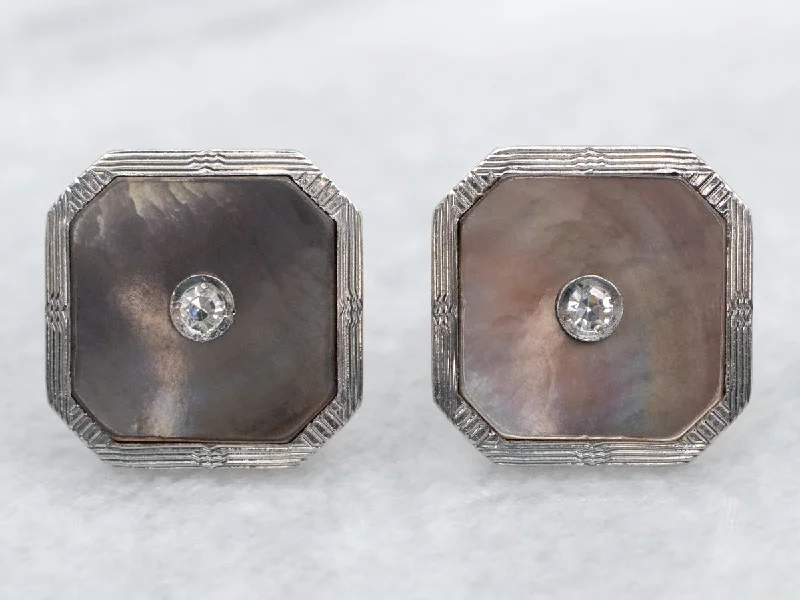 Trendy statement earrings for special occasions -Mother of Pearl and Diamond Cufflink Conversion Stud Earrings