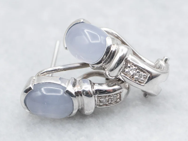 Custom initials earrings for personalized fashion -White Gold Chalcedony and Diamond Huggie Hoop Earrings