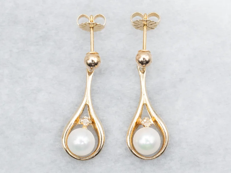 Trendy stud earrings for everyday wear -Saltwater Pearl and Diamond Drop Earrings