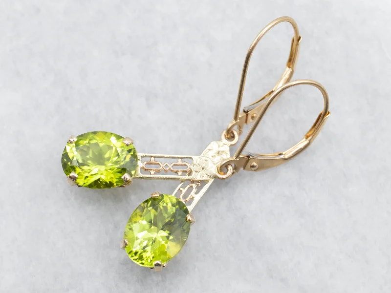 Personalized pearl earrings for thoughtful gifts -Yellow Gold Peridot Filigree Bar Drop Earrings