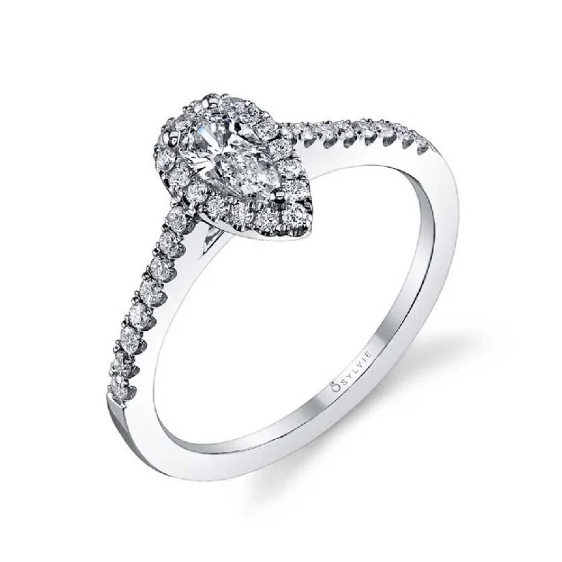 Unique wedding rings with personalized designs -Sylvie Classic Petite Pear Shaped Engagement Ring With Halo SY696-PS