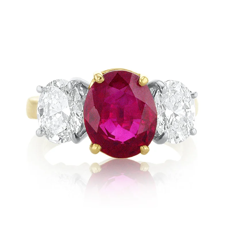 Chunky silver rings for bold fashion -4.00 Carat Heated Ruby and 1.80 Carat Diamond Three-Stone Oval Ring set in Platinum and Gold