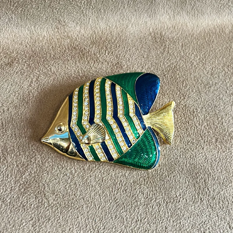 Brooch for jackets and coats-Kenneth Jay Lane Large Vintage Fish Brooch in Green Blue Enamel