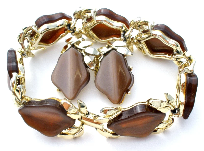 Trendy hoop earrings with gemstone accents -Brown Thermoset Leaf Bracelet & Earrings Vintage