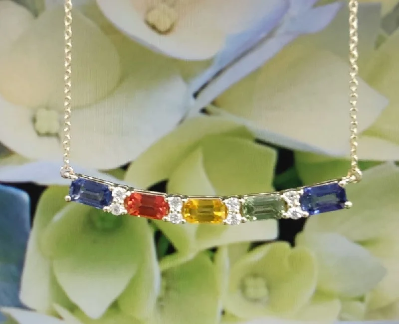 Trendy chokers with gemstone accents -Yellow Gold Rainbow Sapphire An Diamond Necklace