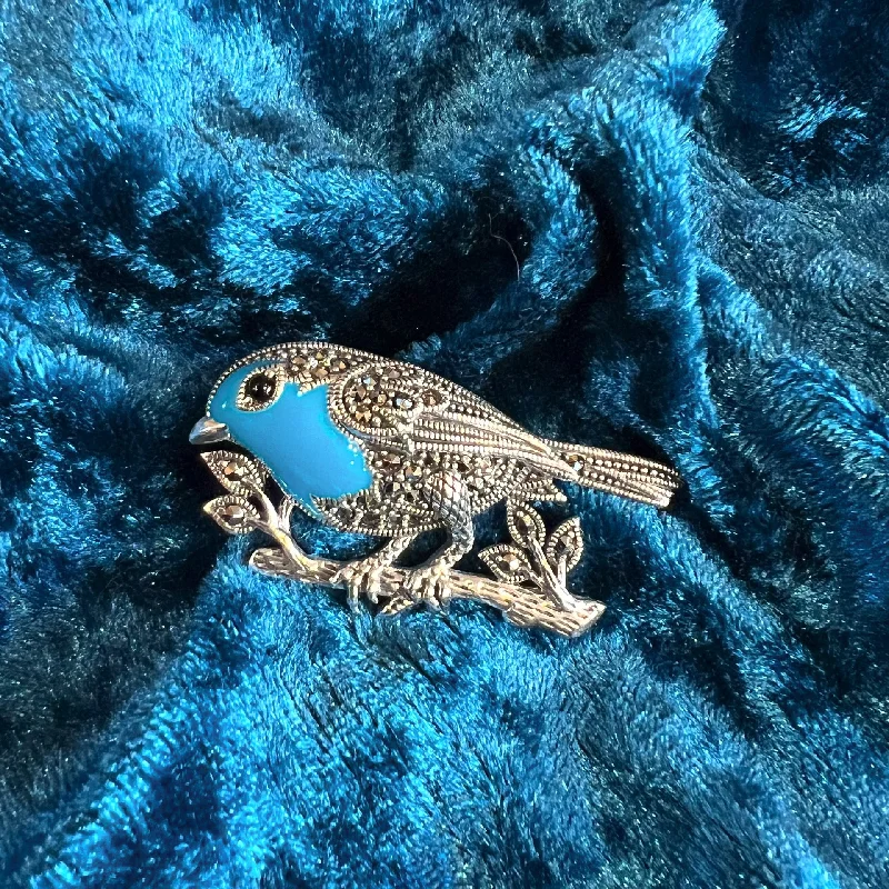 Brooch with precious stones-Bluebird Brooch Silver Marcasite Turquoise