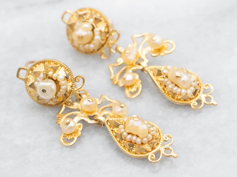 Vintage drop earrings with antique flair -Antique Natural Pearl and Gold Filigree Drop Earrings