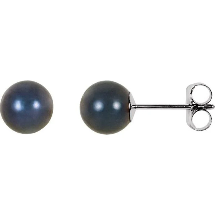 Elegant gold earrings with crystal stones -14K White  6 mm Cultured Black Akoya Pearl Earrings