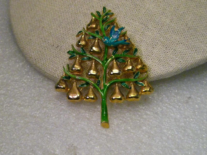 Vintage floral rhinestone brooch-Vintage Gold Tone Enameled Partridge in a Pear Tree Enameled Brooch, signed Cadoro, Mid-Century