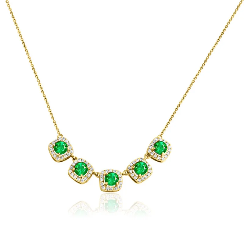 Colorful beaded statement necklaces for lively looks -Emerald and Diamond Halo Necklace, 14K Yellow Gold