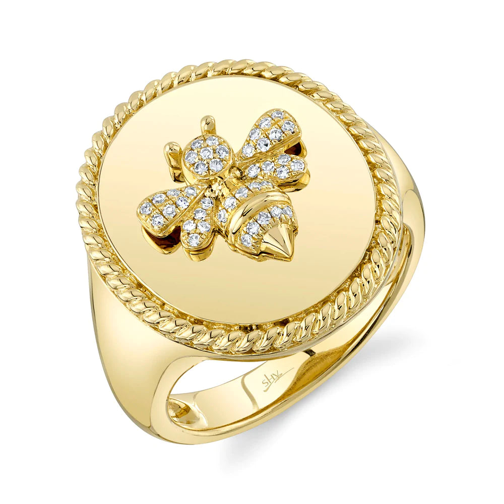 Custom heart-shaped rings for romantic gifts -14K Yellow Gold Diamond Bee Signet Ring