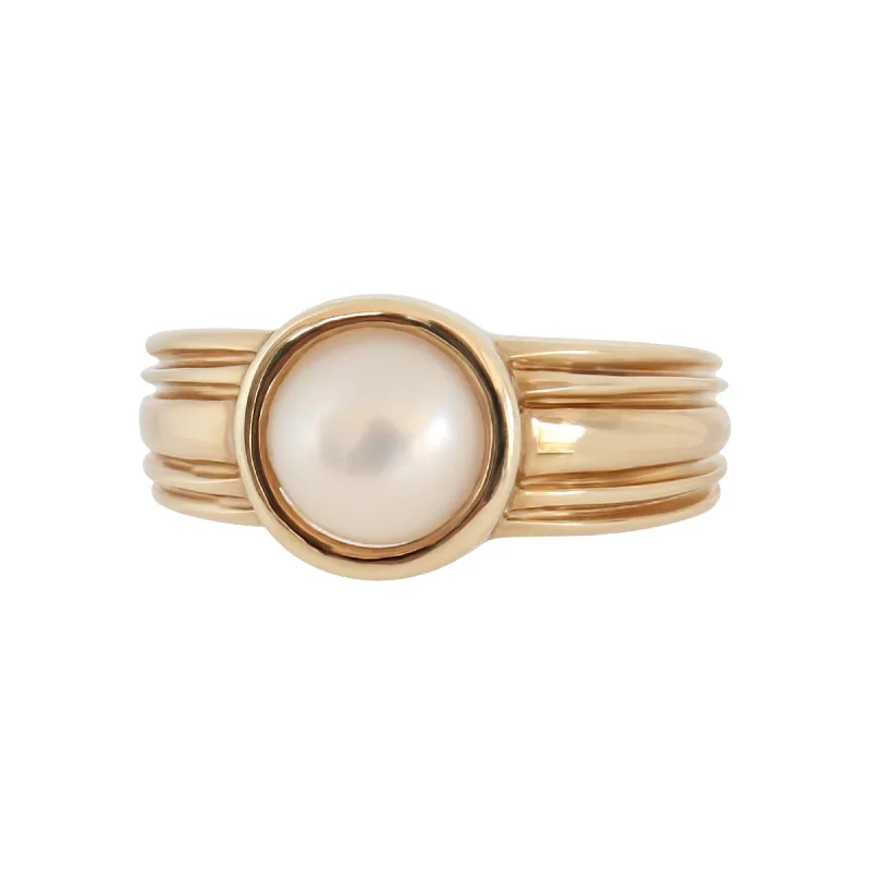 Fashionable gemstone bands for a pop of color -Yellow Gold Round Mabe Pearl Ring with Grooves