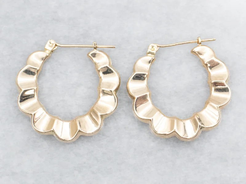 Bohemian earrings with ethnic influences -Scalloped Edged Yellow Gold Hoop Earrings