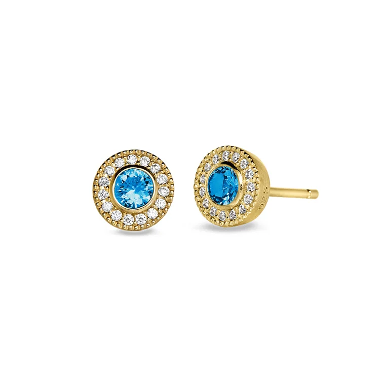 Simple silver earrings for everyday wear -Gold Finish Sterling Silver Micropave Round Simulated Blue Topaz Earrings with Simulated Diamonds