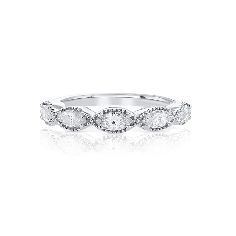 Custom flower rings for feminine charm -0.50 Cttw Marquise Diamond East-West Milgrain 14K White Gold Band