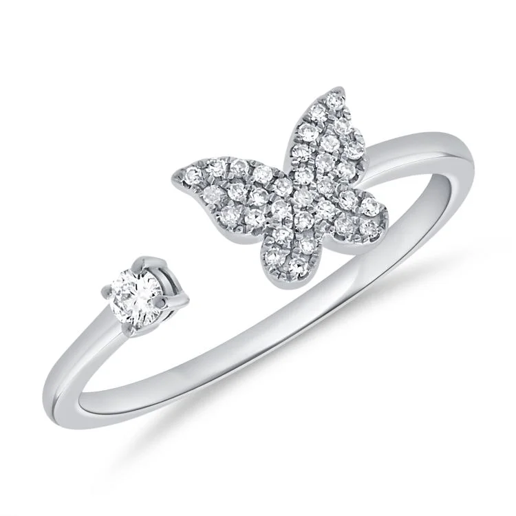 Simple diamond rings for everyday elegance -14K White Diamond Open Cuff Butterfly Ring