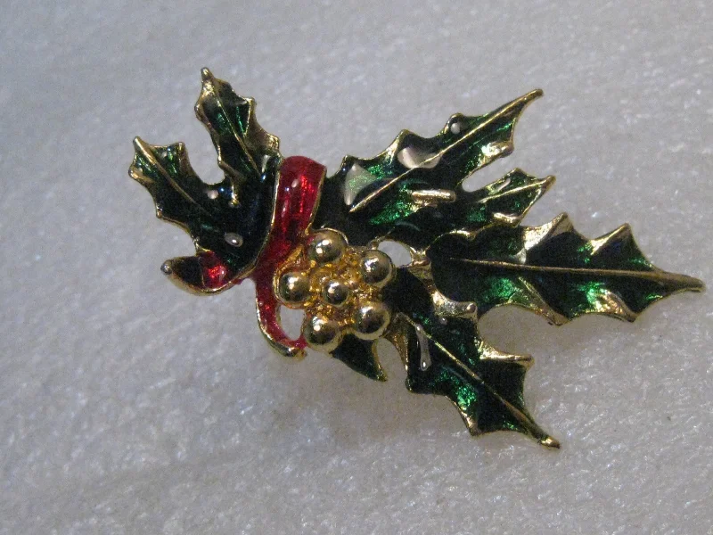 Brooch with feathers-Vintage Enameled Holly Christmas Brooch, 2.5", 1960's-1970's, Gold Tone