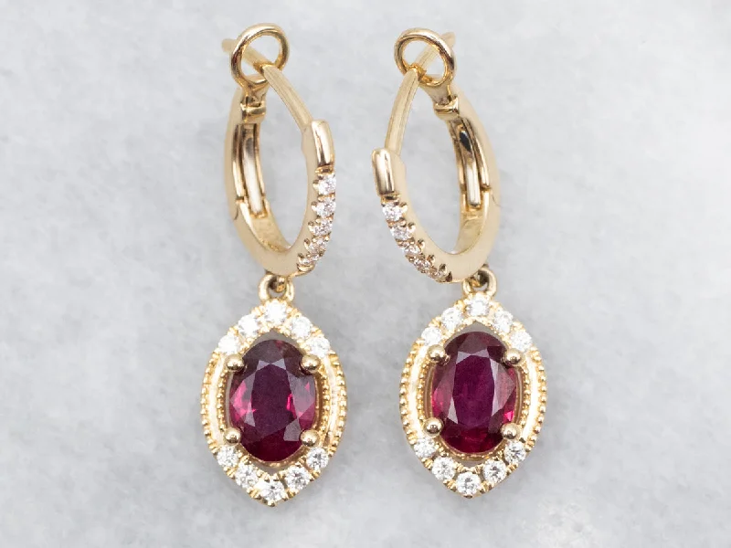 Boho hoop earrings with feather accents -Polished Gold Ruby and Diamond Drop Earrings