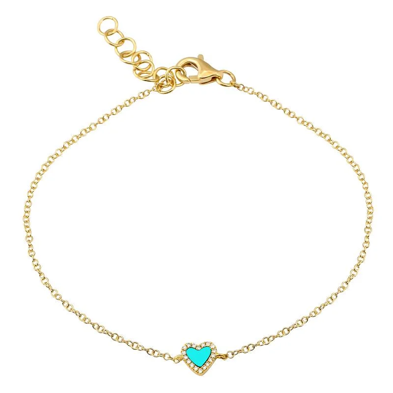 Magnetic fashion bracelets-14k Yellow Gold Diamond and Turquoise Small Heart Bracelet