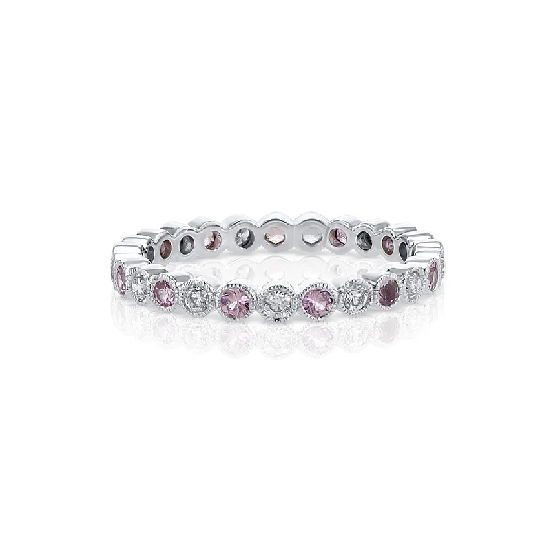 Luxury platinum rings for exclusive fashion -0.50 Cttw Round Diamond and 0.50 Cttw Pink Sapphire Milgrain 18K White Gold Eternity Band