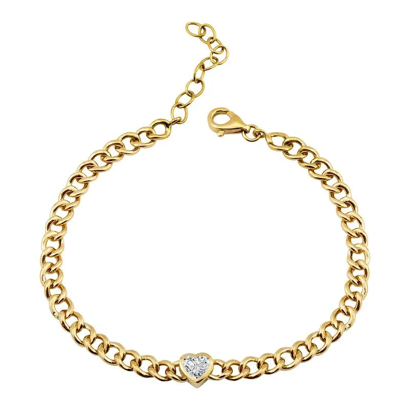 Leather and stone bracelets-14k Yellow Gold Cuban Link White Topaz Heart Bracelet