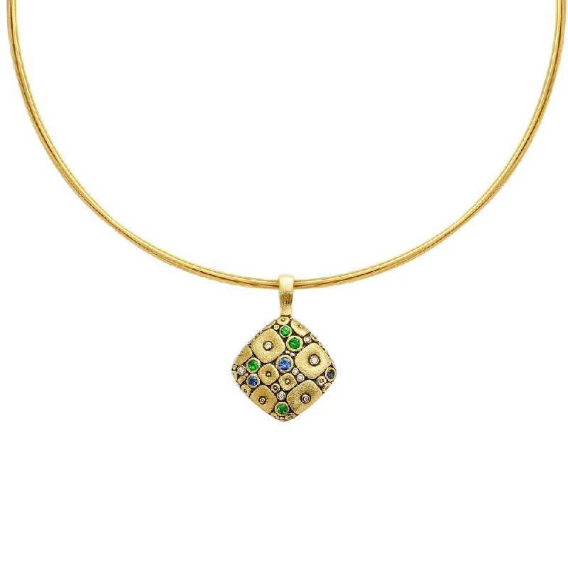 Unique pendant necklaces with creative designs -18 Karat Yellow Gold Soft Mosaic pendant with Sapphires, Tsavorites and Diamonds