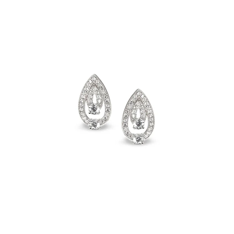 Custom hoop earrings with personalized designs -Platinum Finish Sterling Silver Micropave Two Stone Tear Drop Earrings with Two 120 Facet Simulated Daimonds