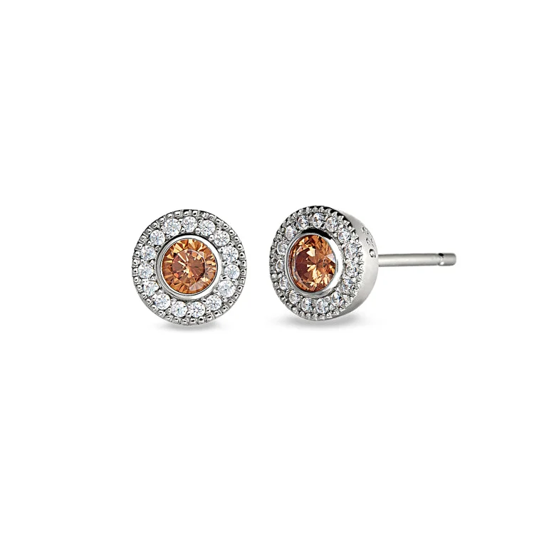 Custom-designed earrings for special events -Platinum Finish Sterling Silver Micropave Round Simulated Citrine Earrings with Simulated Diamonds