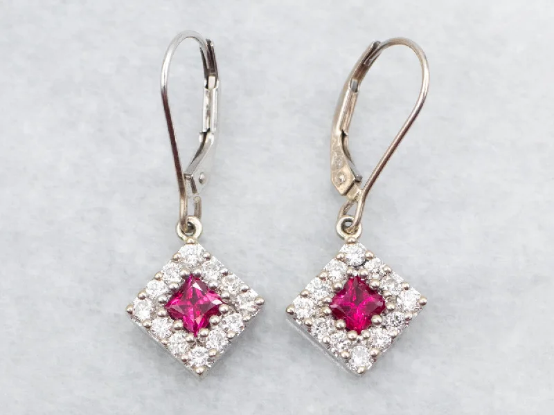 Bohemian-inspired earrings with ethnic designs -Pretty Ruby and Diamond Halo Drop Earrings