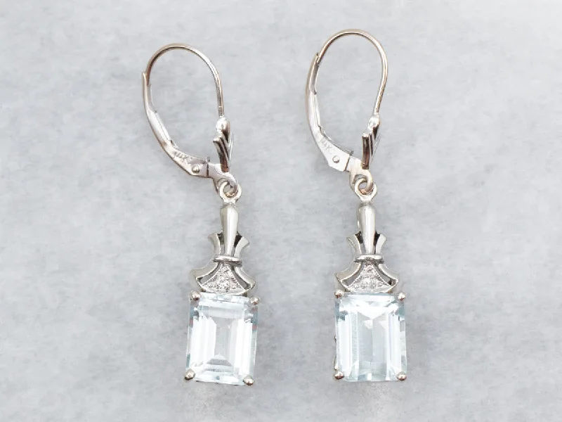 Pearl earrings for formal events -White Gold Emerald Cut Blue Topaz Drop Earrings with Diamond Accent