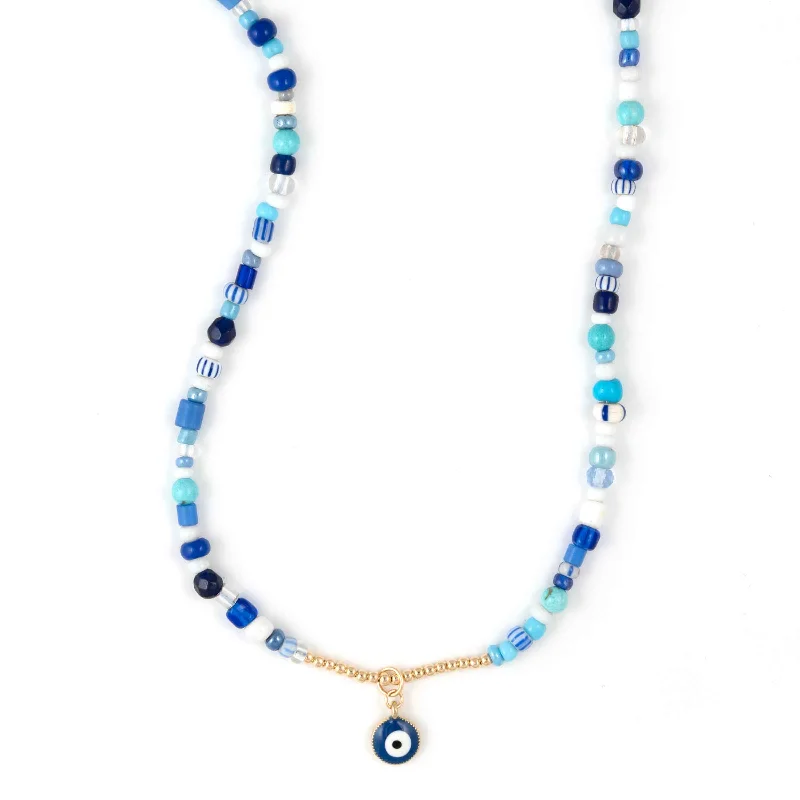 Custom gemstone necklaces for special occasions -Blue Beads Evil Eye Necklace, 16 Inches