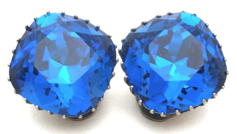 Fashionable clip earrings for all occasions -Sapphire Blue Crystal Clip Earrings Vintage