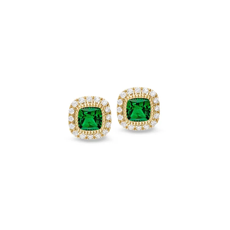 Elegant gold drop earrings for weddings -Gold Finish Sterling Silver Micropave Simulated Emerald Earrings with Simulated Diamonds