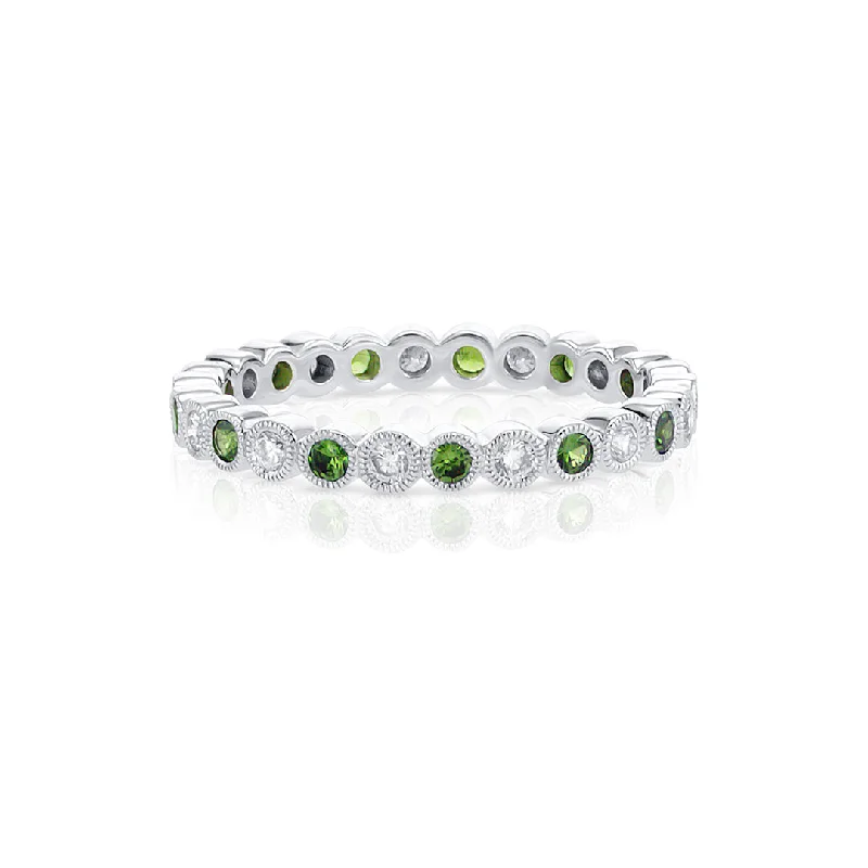 Trendy gemstone cocktail rings for attention-grabbing style -0.50 Cttw Round Diamond and 0.50 Cttw Tsavorite Milgrain 18K White Gold Eternity Band