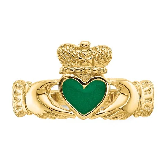 Gold wedding rings for timeless love -14ky Gold Green Enamel Claddagh Ring