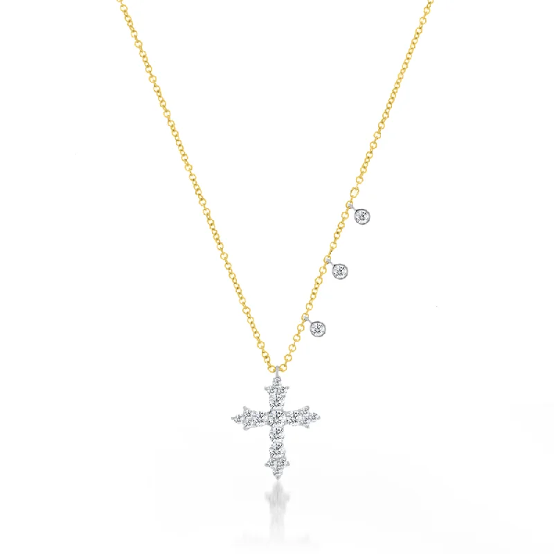 Boho-style necklaces with feather designs -Yellow Gold Diamond Cross Necklace