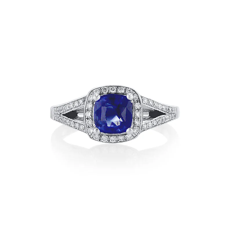 Custom engagement rings for personalized proposals -1.19 CT Cushion Cut Blue Sapphire and 0.60 Cttw Diamond Halo and Split Shank 14K White Gold Ring