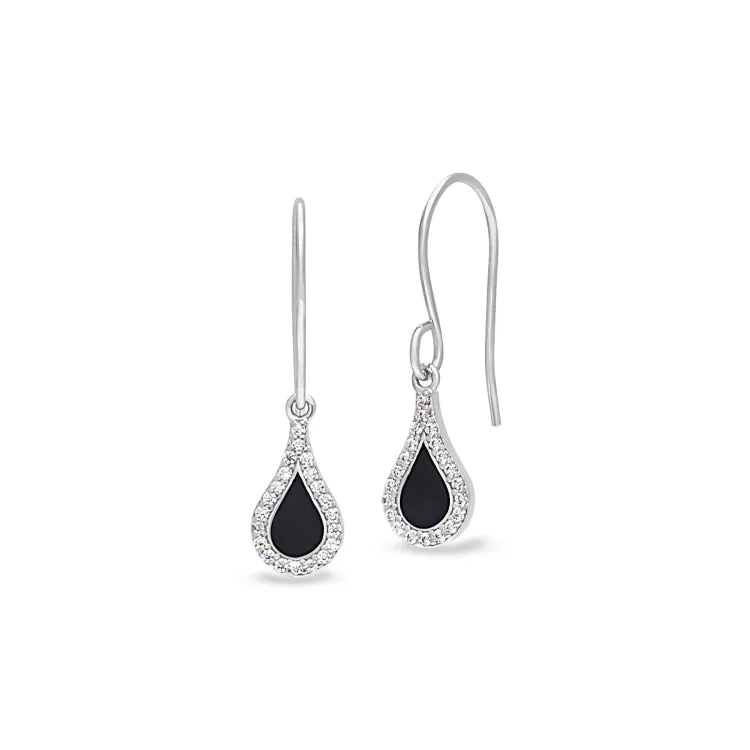 Statement earrings with bold shapes and colors -Platinum Finish Sterling Silver Micropave Black Enamel Teardrop Earrings with Simulated Diamonds