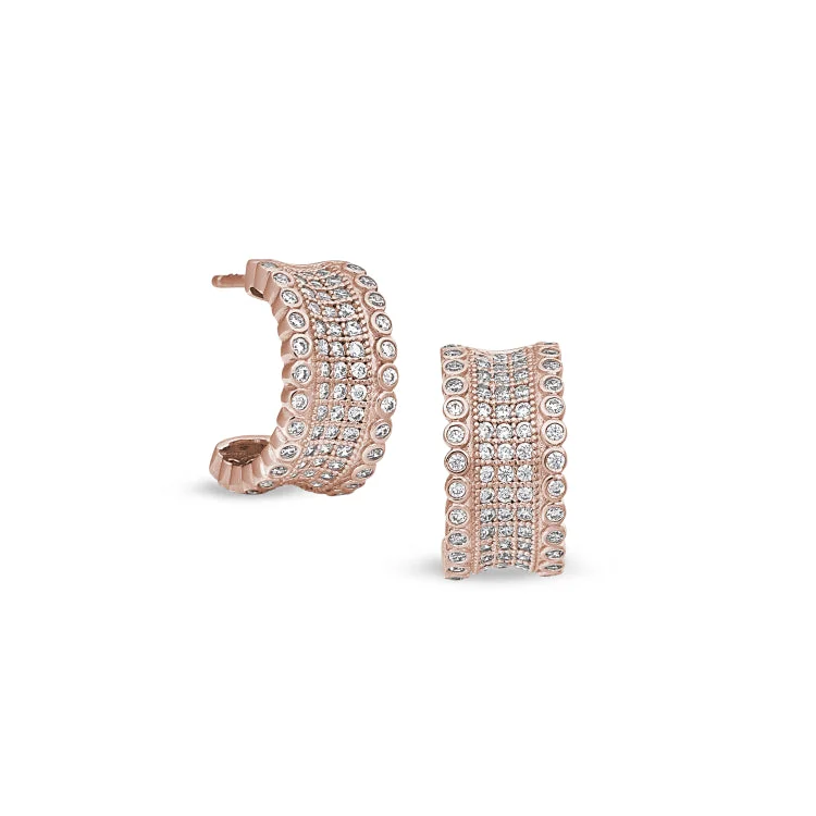 Minimalist silver earrings for subtle elegance -Rose Gold Finish Sterling Silver Micropave Five Row Concave Huggie Earrings with Simulated Diamonds