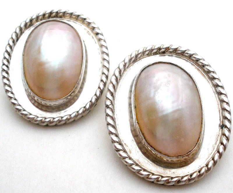 Simple gemstone stud earrings for everyday elegance -Sterling Silver Oval Pearl Clip Earrings Vintage