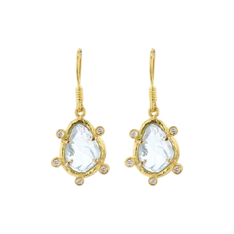 Vintage gold earrings with intricate patterns -Aquamarine & Diamond Drop Earrings