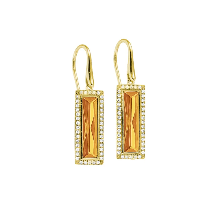 Silver dangly earrings with colorful stones -Gold Finish Sterling Silver Earrings with Rectangular Simulated Citrine Stones and Simulated Diamonds