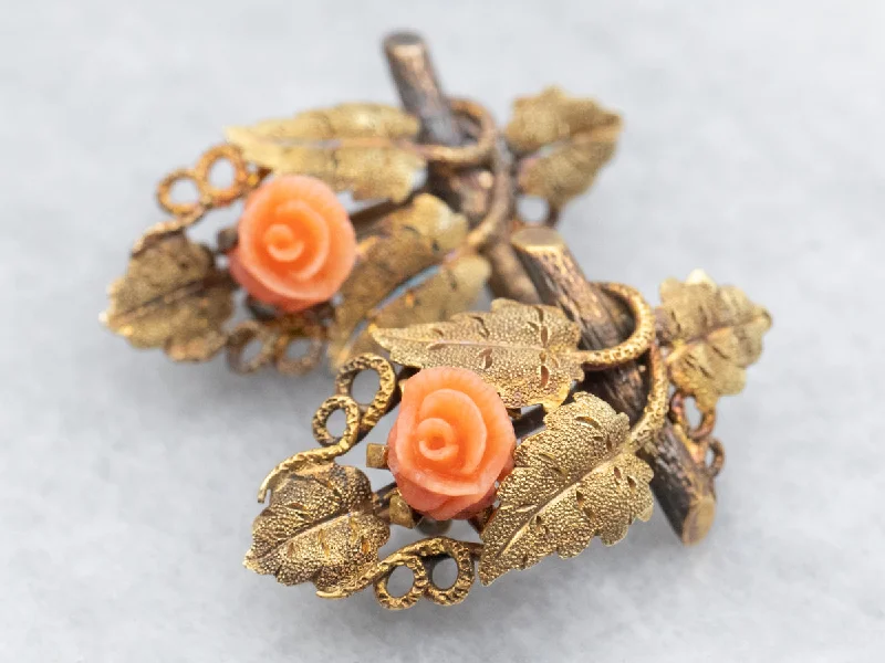 Trendy earrings with mixed metal designs -Art Nouveau Leaf and Coral Flower Earrings