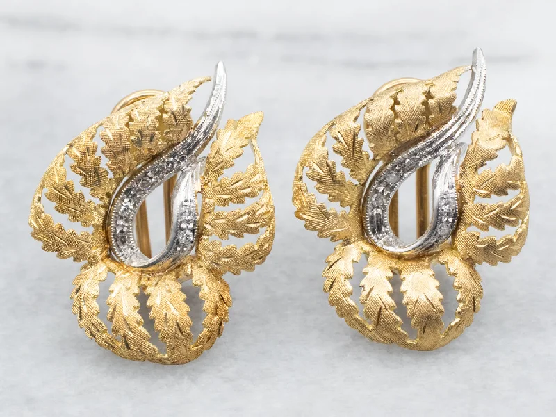 Long dangling earrings for evening wear -Yellow and White Gold Leaf Stud Earrings with Diamond Accents and Omega Backs